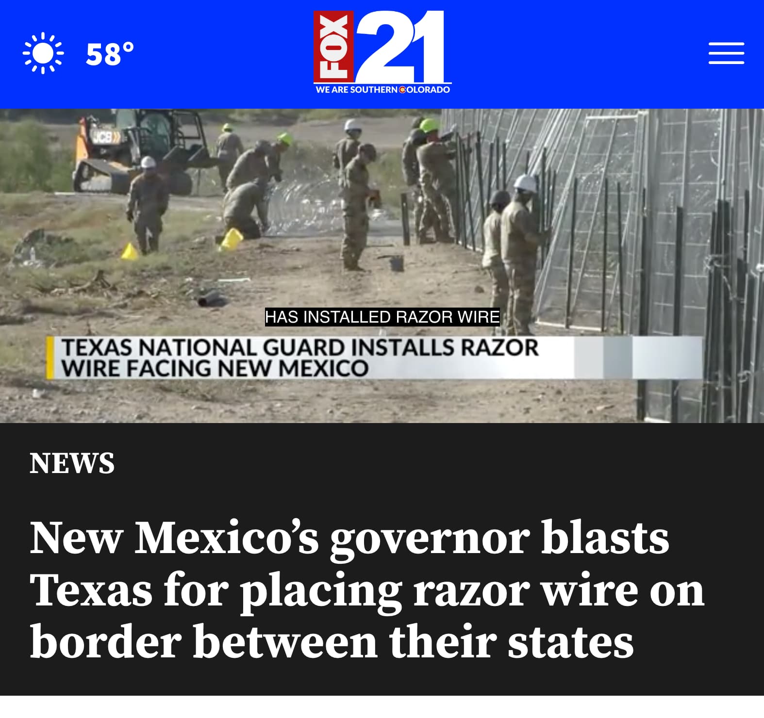 screenshot - 58 Fox We Are Southern Colorado Has Installed Razor Wire Texas National Guard Installs Razor Wire Facing New Mexico News New Mexico's governor blasts Texas for placing razor wire on border between their states